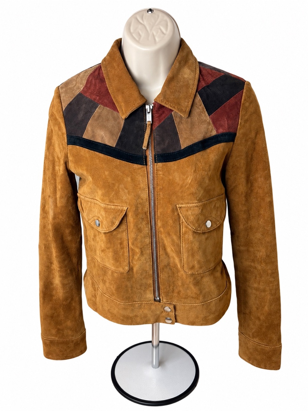 MNG Y2K Mango Genuine Suede Leather Patchwork Western Jacket Brown XXS